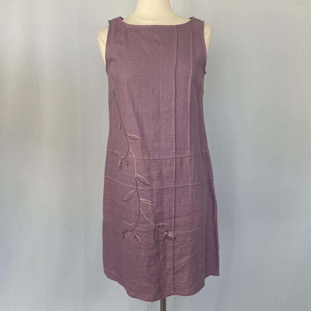 Vintage Shift Dress Size Medium Petite MP Purple Linen Embroidered Sleeveless - Picture 2 of 14